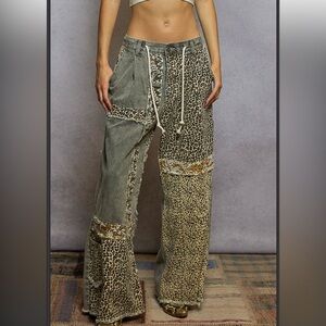 POL Leopard Patchwork Pants - Gray, Brown and Black